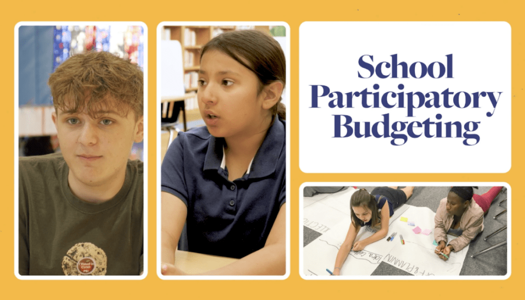 Two side-by-side images show two different young people who are participants in a School PB process. An image on the bottom right shows young people drawing on a poster. A caption on the top right reads “School Participatory Budgeting.”